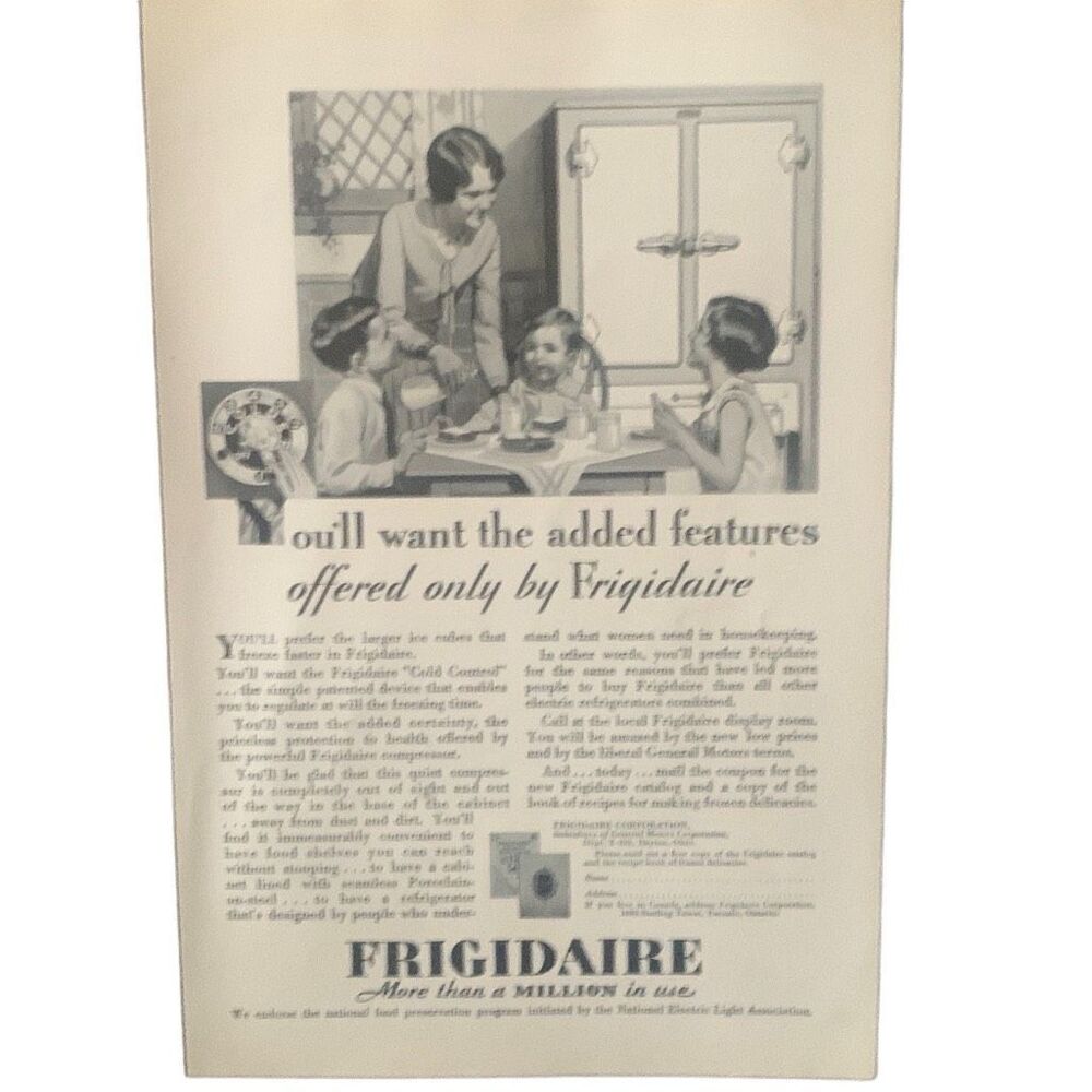 Vintage 1929 Frigidaire Added Features Ad Advertisment